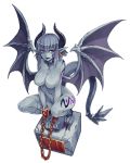  1girl breasts chains claws collar collarbone cuffs demon_horns demon_wings earrings full_body gargoyle_(monster_girl_encyclopedia) grey_hair grey_skin highres horns jewelry kenkou_cross large_breasts medium_hair monster_girl monster_girl_encyclopedia navel nipples nude parted_lips paws pointy_ears purple_eyes revision shackles short_hair simple_background smile solo spiked_collar spikes squatting tail tattoo white_background wings 