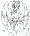  angel anthro canid canine canis clothing ethereal feathered_wings feathers fur hair hi_res kabooki loincloth male mammal open_mouth playful sebris simple_background skinny smile solo traditional_media_(artwork) tribal white_fur wings wolf 