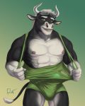  anthro bovid bovine bulge cattle clothing erection erection_under_clothes eyewear fur goggles hair hi_res horn looking_at_viewer male mammal muscular muscular_male nipples pecs rov solo torn_clothing white_hair 