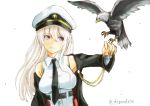  azur_lane bald_eagle belt bird black_belt black_coat black_neckwear chushou_wang coat collared_shirt commentary_request cowboy_shot eagle enterprise_(azur_lane) eyebrows_visible_through_hair hat highres military military_hat necktie open_clothes open_coat peaked_cap purple_eyes shirt silver_hair simple_background sleeveless sleeveless_shirt twitter_username underbust white_background white_hat 