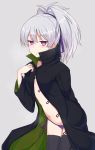  ... 1girl :o bangs black_coat black_legwear blush breasts coat collarbone commentary_request darker_than_black eyebrows_visible_through_hair grey_background hair_between_eyes hair_ribbon high_ponytail highres leaning_forward long_hair long_sleeves looking_at_viewer navel nonono_(mino) open_clothes open_coat panties parted_lips ponytail purple_eyes purple_panties purple_ribbon ribbon side-tie_panties silver_hair simple_background small_breasts solo spoken_ellipsis thighhighs underwear yin 