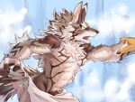  2019 abs absurd_res anthro biceps black_nose canid canine digital_media_(artwork) fur green_eyes hi_res male mammal muscular muscular_male pecs piercing seth_(tas) tokyo_afterschool_summoners tupidwithouts video_games 