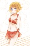  1girl absurdres arms_behind_back bangs bikini blonde_hair blue_eyes blush bow breasts cleavage collarbone groin hair_bow highres kagamine_rin looking_at_viewer navel petals ponta_(poqpon) red_bikini red_bow short_hair small_breasts solo standing swept_bangs swimsuit vocaloid white_bow 