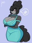  absurd_res annoyed big_breasts black_nose blush breasts canid canine canis cleavage clothed clothing crossed_arms domestic_dog dress female fluffy fluffy_tail hair hair_over_eye hi_res jwinkz mammal purple_eyes simple_background solo 