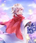  1boy ayame_(norie11) bug butterfly cherry_blossoms fan fire_emblem fire_emblem_heroes fire_emblem_if gloves holding holding_fan insect japanese_clothes kimono male_my_unit_(fire_emblem_if) my_unit_(fire_emblem_if) nintendo paper_fan petals pointy_ears red_eyes scarf smile white_hair 