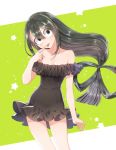  1girl asui_tsuyu bare_shoulders black_dress boku_no_hero_academia breasts cleavage dress frog_girl green_hair long_hair short_dress solo 