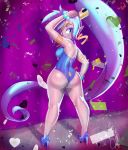  1girl ass blue_eyes bracelet confetti curvy dark_skin earrings heels high_heels huge_ass jewelry legs long_hair looking_back pointy_ears ponytail pose purple_hair shantae shantae_(character) shantae_(series) smile solo standing thick_thighs thighs very_long_hair wide_hips 