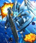  absurdres blue_sky cloud explosion flying gun highres holding holding_gun holding_shield holding_weapon mecha moyashi_(karamisouma) ocean robot shield sky solo soukyuu_no_fafner weapon 