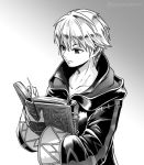  1boy book fire_emblem fire_emblem:_kakusei gloves hood male_focus male_my_unit_(fire_emblem:_kakusei) mamkute monochrome my_unit_(fire_emblem:_kakusei) nintendo reading robe sayoyonsayoyo short_hair simple_background smile solo white_hair 