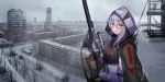  1girl blue_eyes blush gloves gun holding holding_gun holding_weapon hood hood_up lithium10mg looking_at_viewer original outdoors rifle silver_hair sniper_rifle snow snowing solo vss_vintorez weapon 