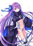  1girl black_jacket blue_bow blue_eyes blush bow closed_mouth commentary_request crotch_plate dutch_angle fate/extra fate/extra_ccc fate_(series) hair_bow high_collar highres jacket long_hair long_sleeves looking_at_viewer meltlilith navel petals purple_hair seungju_lee simple_background sleeves_past_fingers sleeves_past_wrists solo very_long_hair white_background wide_sleeves 