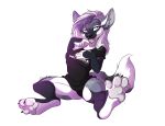  anthro canid canine clothed clothing female furkinghell hi_res looking_at_viewer mammal open_mouth simple_background sitting smile solo thick_thighs white_background 