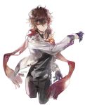  1boy adoniszaf ahoge alternate_costume brown_hair casual gloves granblue_fantasy half_gloves jacket male_focus pants red_eyes sandalphon_(granblue_fantasy) scarf shirt short_hair smile solo 