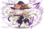  1girl abigail_williams_(fate/grand_order) aura bare_arms bare_shoulders barefoot black_bow black_dress black_hat blonde_hair bow clenched_hands commentary_request constricted_pupils dress fate/grand_order fate_(series) glowing hat hat_bow highres long_hair neon-tetora open_mouth orange_bow polka_dot polka_dot_bow purple_eyes sleeveless sleeveless_dress solo squatting translation_request very_long_hair witch_hat 