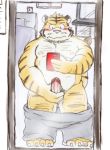  2019 anthro balls bed belly blush erection felid goujuyu hi_res humanoid_hands humanoid_penis male mammal moobs nipples pantherine penis phone pink_nose slightly_chubby solo tiger 