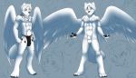  angel angry animal_genitalia anthro balls canid canine canis clothing confusion digital_media_(artwork) ethereal feathered_wings feathers fur hair jailbird loincloth male mammal model_sheet nude sad sebris sheath smile smirk solo tribal white_fur wings wolf 