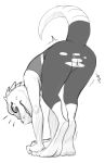  anthro bent_over butt clothed clothing female greyscale kobold monochrome pussy reptile scalie simple_background solo sweat torn_clothing unknown_artist white_background yoga_pants 