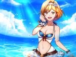  1girl :d blonde_hair bracelet breasts brown_eyes cleavage cloud collarbone day djeeta_(granblue_fantasy) eyebrows_visible_through_hair flower granblue_fantasy hair_between_eyes hair_flower hair_ornament hairband highres jewelry kurozatou_owata looking_at_viewer medium_breasts midriff navel ocean open_mouth outdoors print_hairband rose short_hair smile solo stomach sunlight wading white_flower white_hairband white_rose wrist_cuffs 