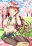  1girl ;d animal anko_(gochiusa) bangs blush bow breasts brown_cardigan brown_hair brown_legwear bunny cardigan cherry_blossoms collared_shirt commentary_request crown day dress_shirt eyebrows_visible_through_hair flower gochuumon_wa_usagi_desu_ka? grass green_bow green_flower green_skirt hair_flower hair_ornament hand_up head_tilt highres large_breasts long_hair long_sleeves mini_crown no_shoes obentou one_eye_closed open_mouth outdoors pantyhose pink_flower pleated_skirt shirt sitting skirt smile striped striped_bow tree ujimatsu_chiya very_long_hair wariza white_shirt zenon_(for_achieve) 