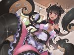  1girl :d ahoge black_hair bow breasts cleavage dark_skin frills ganesagi gloves hair_bow hand_up horns indoors long_hair looking_at_viewer medium_breasts mimikaki monster_girl official_art open_mouth pink_skirt pointy_ears red_bow scylla shutcho_iyashi_senmon-ten_takoizu single_glove skirt smile solo sparkle tentacle turquoise_(crescendo) white_gloves window 