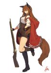  1girl animal_ears artist_name bangs boots brown_hair cloak fake_animal_ears fingerless_gloves frills full_body gloves grin gun hair_between_eyes hairband hand_on_hip highres knee_boots lansane little_red_riding_hood long_hair looking_at_viewer orange_eyes original red_hood rifle shirt shorts sidelocks signature simple_background sleeves_folded_up smile solo standing standing_on_one_leg suspender_shorts suspenders tail tsana_(lansane) v-shaped_eyebrows very_long_hair weapon white_background white_shirt wolf_tail 