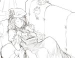  1girl book couch dress eyes_closed greyscale hat highres juliet_sleeves kikimora_(monster_girl_encyclopedia) lamp less long_dress long_sleeves lying medium_hair mofucore monochrome monster_girl monster_girl_encyclopedia on_back puffy_sleeves scales sketch smile 