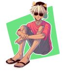  1boy blonde_hair body_hair cap dark_skin dark_skinned_male denim hairy_legs jeans kai_(talesrunner) male_focus momota_(kinrara) pants sandals shirt simple_background sunglasses t-shirt talesrunner 