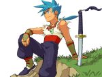  1boy blue_eyes blue_hair breath_of_fire breath_of_fire_iv closed_mouth commentary_request gloves grass highres jewelry necklace ryuu_(breath_of_fire_iv) seven77 solo sword weapon 