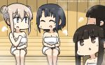  3girls bangs black_hair blonde_hair blunt_bangs blush breasts brown_eyes dated eyes_closed graf_zeppelin_(kantai_collection) grey_eyes hair_between_eyes hair_bun hamu_koutarou hatsuyuki_(kantai_collection) highres hime_cut kantai_collection large_breasts long_hair multiple_girls naked_towel open_mouth red_eyes sauna short_hair sidelocks signature sitting small_breasts steam sweat takao_(kantai_collection) towel upper_body 