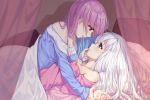  2girls aqua_eyes bed blush breasts cleavage hololive kagura_mea kagura_mea_channel long_hair minato_aqua neps-l pajamas purple_eyes purple_hair shoujo_ai white_hair 