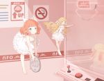  2girls :d bangs bare_arms bare_shoulders barefoot blonde_hair blue_eyes blush bow braid brown_hair coin collarbone crane_game dress emia_wang eyebrows_visible_through_hair fairy flying frilled_dress frills hair_bow highres holding holding_money indoors long_hair minigirl money multiple_girls no_smoking open_mouth original parted_lips pointing pointy_ears reflection short_sleeves side_braid sleeveless sleeveless_dress smile stuffed_animal stuffed_bunny stuffed_toy toenails twin_braids very_long_hair wavy_hair white_bow 