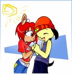  2005 blue_eyes canid canine canis clothed clothing domestic_dog female hand_holding lammy_lamb male mammal musachan parappa parappa_the_rapper um_jammer_lammy video_games 