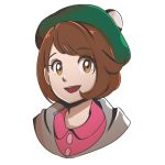  1girl bob_cut brown_eyes brown_hair creatures_(company) cropped_shoulders doxalis dress female_protagonist_(pokemon_swsh) game_freak green_hat grey_sweater hat looking_at_viewer nintendo pink_dress pokemon pokemon_(game) pokemon_swsh portrait short_hair simple_background smile solo sweater tam_o&#039;_shanter white_background 
