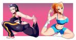  2girls ass bare_arms bare_shoulders barefoot black_hair blue_eyes breasts brown_eyes butt_crack cleavage curvy exercise gym_shirt huge_ass large_breasts legs long_hair multiple_girls nami_(one_piece) navel nico_robin one_piece orange_hair ponytail shirt smile socks stomach sunglasses sunglasses_on_head thick_thighs thighs tied_hair wide_hips 
