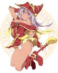  1girl alternate_costume bare_shoulders blush_stickers boots breasts choker cleavage dark_magician_girl dark_skin duel_monster grey_hair hat hexagram highres large_breasts long_hair mtu_(orewamuzituda) panties pantyshot pentacle pentagram purple_eyes solo staff underwear wand wizard_hat yu-gi-oh! 