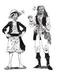  2boys crossover highres jack_sparrow monkey_d_luffy multiple_boys one_piece pirates_of_the_caribbean smile 