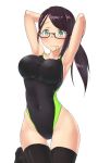  1girl aimobake armpits arms_behind_head arms_up bespectacled black-framed_eyewear black_hair black_legwear black_swimsuit breasts collarbone commentary_request covered_navel cowboy_shot glasses gluteal_fold green_eyes highres idolmaster idolmaster_cinderella_girls long_hair medium_breasts mouth_hold rubber_band semi-rimless_eyewear simple_background solo swimsuit thighhighs under-rim_eyewear white_background yamato_aki 