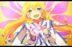  1girl :d bangs blonde_hair blue_eyes blush collarbone collet_brunel eyebrows_visible_through_hair gem hair_between_eyes hand_on_own_chest hands_up jewelry long_hair looking_at_viewer nakariku neck_ring open_mouth pink_wings smile solo tales_of_(series) tales_of_symphonia upper_body wings 