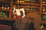  1girl animal_ears ass bangs bar bare_arms bare_shoulders bent_over black_hairband blush bottle breasts brown_hair brown_legwear bunny_ears closed_mouth commentary_request cowboy_shot cup drinking_glass dutch_angle fake_animal_ears from_behind hair_between_eyes hairband hand_on_hip hand_on_own_face highres indoors lansane long_hair looking_at_viewer looking_back medium_breasts orange_eyes original pantyhose profile red_legwear sideboob signature smile solo tail tsana_(lansane) very_long_hair wrist_cuffs 