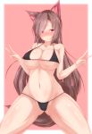  1girl animal_ear_fluff animal_ears bangs bare_arms bare_shoulders bikini black_bikini blush breasts brown_hair cleavage closed_mouth collarbone commentary_request double_v erect_nipples eyebrows_visible_through_hair groin hair_between_eyes hands_up imaizumi_kagerou kneeling long_hair looking_at_viewer micro_bikini midriff navel nose_blush red_eyes shaka_hei skindentation solo stomach strap_gap string_bikini swimsuit tail touhou underboob v very_long_hair wolf_ears wolf_tail 