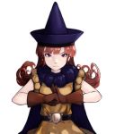  1girl alena_(dq4) belt breasts brown_hair cape closed_mouth commentary_request curly_hair dragon_quest dragon_quest_iv gloves hat long_hair looking_at_viewer red_eyes red_hair simple_background skirt solo white_background yellow_skirt 