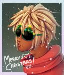 1boy blonde_hair dark_skin dark_skinned_male kai_(talesrunner) merry_christmas momota_(kinrara) simple_background snow spiked_hair sunglasses talesrunner 