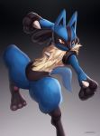  2019 3_fingers 3_toes ambiguous_gender anthro blue_fur canid canine fur hybridmink lucario mammal nintendo pawpads pok&eacute;mon pok&eacute;mon_(species) red_eyes simple_background solo standing toes video_games 