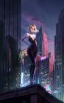  1girl absurdres asymmetrical_hair blonde_hair bodysuit building city cloud covered_navel evening gwen_stacy hands_on_hips highres hood hood_down marvel reflection rooftop short_hair sidecut skin_tight smile solo spider-gwen spider-man:_into_the_spider-verse spider-man_(series) spider_web_print standing superhero window zhoujialin 