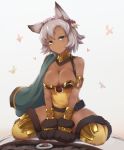  1girl alder animal_ears aqua_eyes black_gloves bracelet breasts cape cat_ears cleavage dark_skin erune flower gloves granblue_fantasy grey_hair hair_flower hair_ornament jewelry looking_at_viewer medium_breasts melleau paw_gloves paws short_hair silver_hair sitting solo thighhighs yellow_legwear 