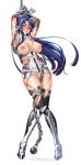  1girl bare_shoulders bdsm blue_hair blush bondage boots bound breasts chains curvy dress elbow_gloves erect_nipples female forced full_body gloves highres holding holding_weapon injury kagami_hirotaka large_breasts lilith-soft long_hair looking_at_viewer moaning no_panties official_art pain ponytail puffy_nipples pussy_juice red_eyes shiny shiny_skin short_dress slave solo sweat taimanin_(series) taimanin_asagi taimanin_murasaki taimanin_rpgx tears thighhighs very_long_hair weapon white_background yatsu_murasaki 