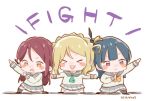  &gt;_&lt; 3girls :&lt; :d arm_up bangs black_feathers blue_hair blush_stickers bow bowtie braid chibi crown_braid d: dated english_text feathers green_neckwear grey_skirt guilty_kiss_(love_live!) hair_feathers hair_ornament hair_rings hairclip hamu_(hamusand) long_hair long_sleeves love_live! love_live!_sunshine!! miniskirt multiple_girls neckerchief ohara_mari one_knee open_mouth outstretched_arms pleated_skirt pose red_hair sakurauchi_riko school_uniform serafuku skirt smile spread_arms standing tie_clip tsushima_yoshiko uranohoshi_school_uniform v-shaped_eyebrows white_background xd yellow_eyes yellow_neckwear 