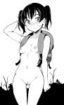  1girl backpack bag blush breasts collarbone ghettoyouth greyscale highres kuraue_hinata looking_at_viewer monochrome navel nipples nude open_mouth outdoors pussy short_hair short_twintails silhouette simple_background small_breasts solo sweat twintails white_background yama_no_susume 