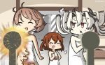  /\/\/\ 3girls abyssal_crane_hime basket brown_hair character_name chocolate_milk commentary_request dated door eyes_closed hamu_koutarou highres ikazuchi_(kantai_collection) kantai_collection long_hair multiple_girls mutsu_(kantai_collection) naked_towel navel nearly_naked_towel open_mouth shinkaisei-kan short_hair smile towel weighing_scale white_hair x_navel 