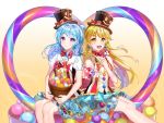  2girls :d ball bang_dream! bangs basket blonde_hair blue_hair blue_skirt bow bowtie bubble_background candy center_frills earrings food gradient gradient_background group_name hat hat_bow headwear_writing heart highres holding_lollipop incoming_food jewelry lollipop looking_at_viewer matsubara_kanon michelle_(bang_dream!) multiple_girls one_side_up open_mouth orange_background outstretched_hand polka_dot polka_dot_bow polka_dot_neckwear pom_pom_(clothes) purple_eyes red_bow red_neckwear rerin_(rerin913) ringed_eyes short_sleeves sidelocks sitting skirt smile smiley_face top_hat tsurumaki_kokoro vertical-striped_vest vest yellow_eyes 